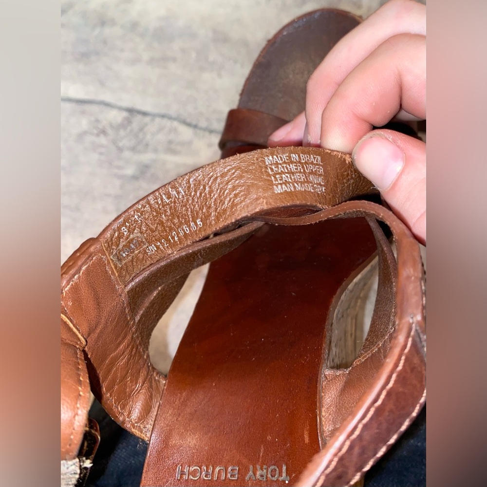 WORN 10x Tory Burch Ace Gladiator Wedges Heel Sandals Strappy 8.5 Leather Cork - Picture 8 of 9